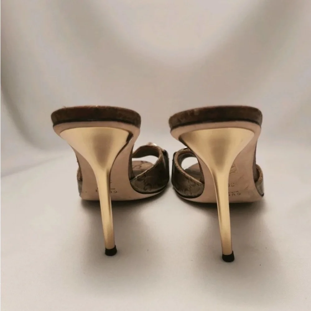 GUCCI Crystal Horsebit GG Heeled Monogram Gold Stiletto Mules size 8 & dust bag - Picture 10 of 17